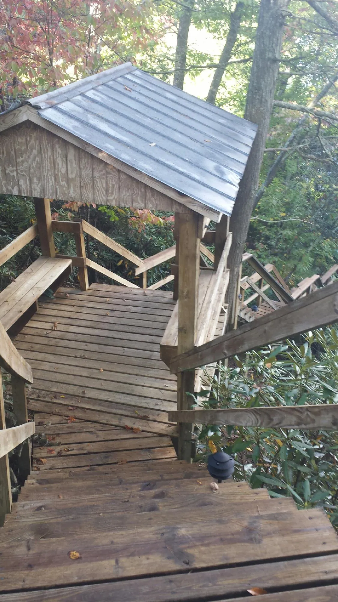 Metal roofed shelter over wooden steps on a wooded walkway — Skylight Repair & Installation work by our crew in Dewar